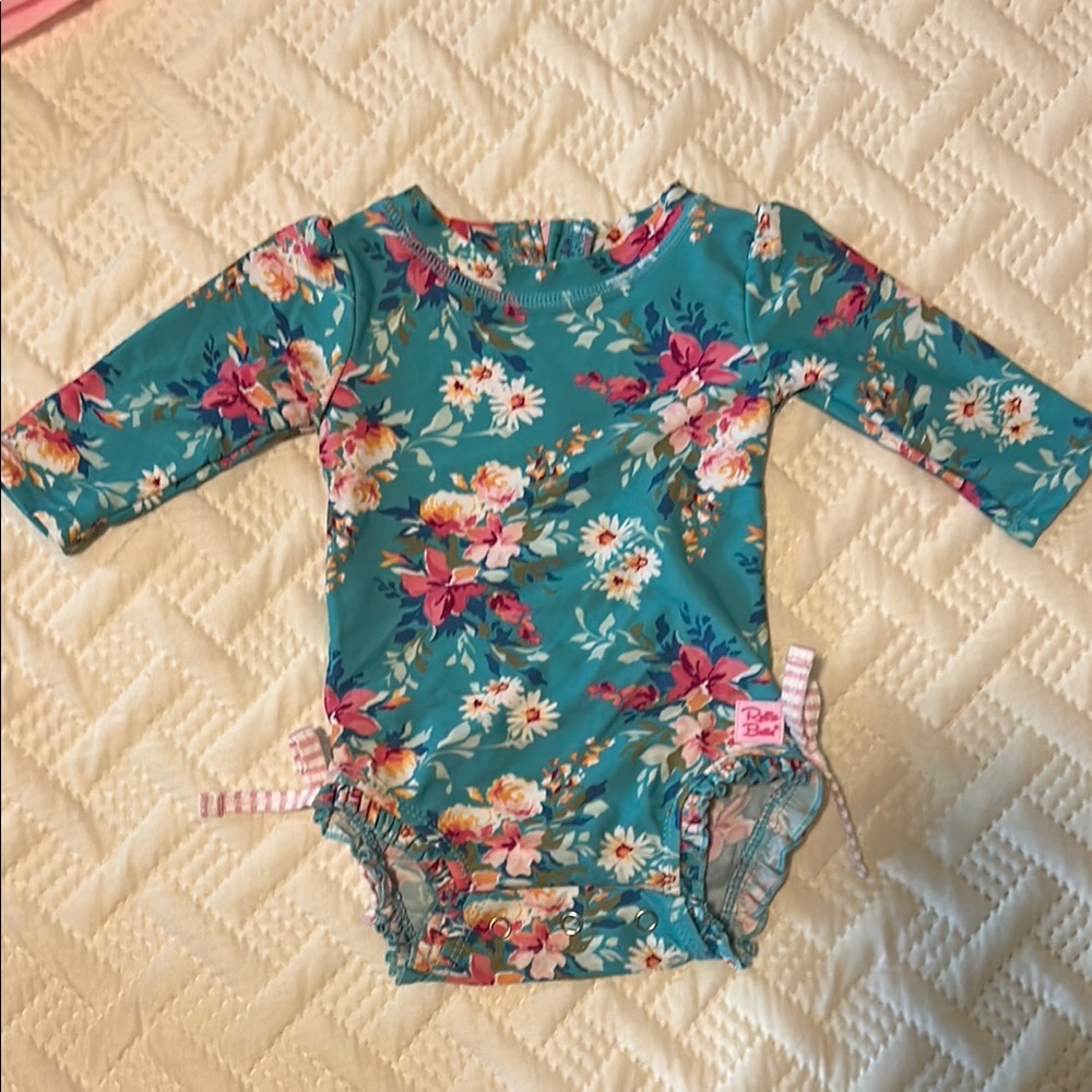 Floral Kids One Piece by Ruffle Butts - Teal and Pink